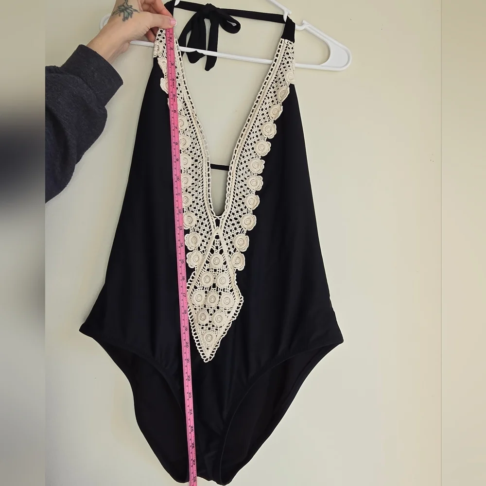 Black One-Piece Swimsuit with Cream Crochet Trim